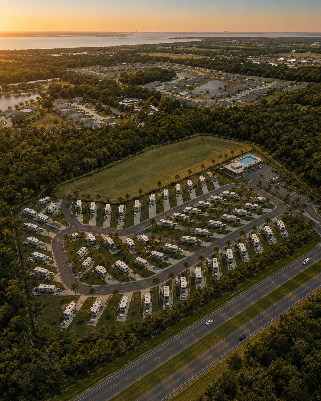 Monaco Bay RV Resort at golden-hour sunset on Florida's Space Coast