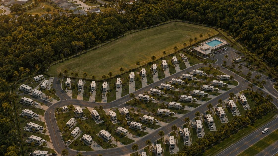 Monaco Bay RV Resort at golden-hour sunset on Florida's Space Coast